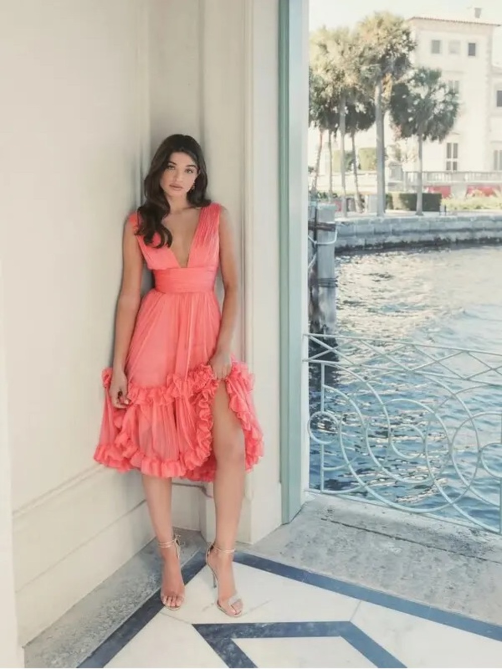 Mac Duggal Coral Pleated High-Low Cocktail Dress 6 Wedding Guest